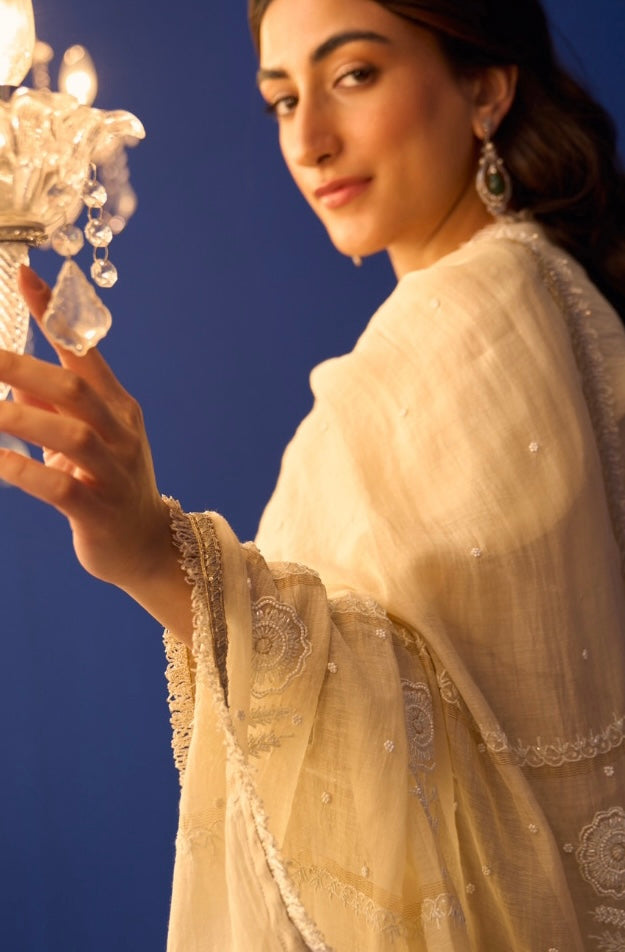 Cream Mul Chanderi Chikankari Straight Kurta Set