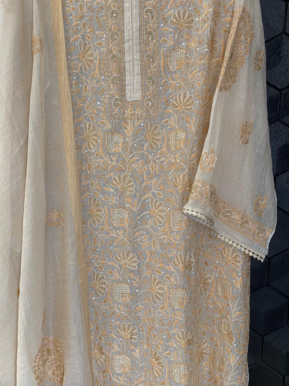 Natural Golden Tissue Chikankari Kurta Set