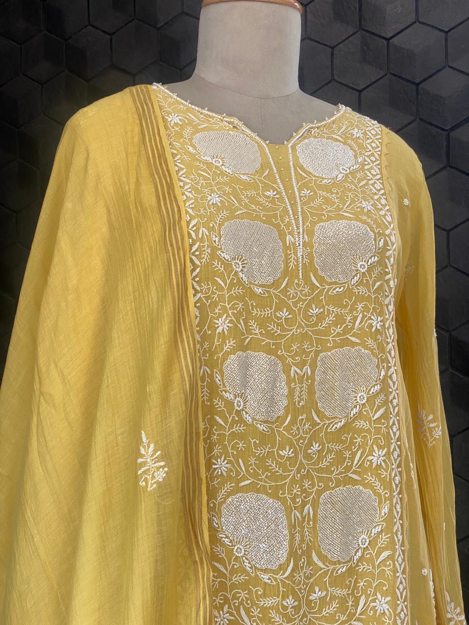 Mustard mul chanderi Chikankari Kurta Set