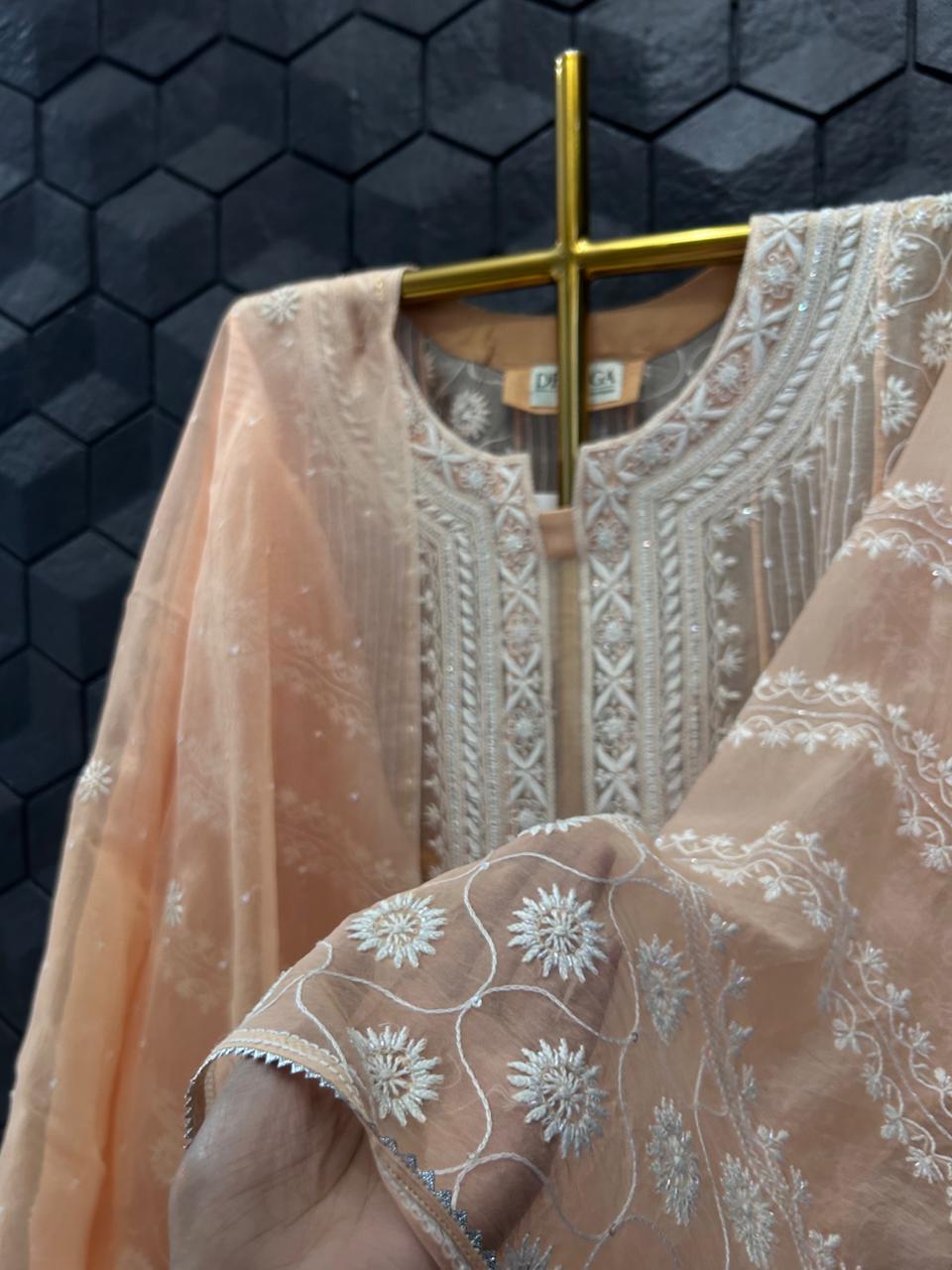 Orange Organza Chikankari Anarkali Suit Set