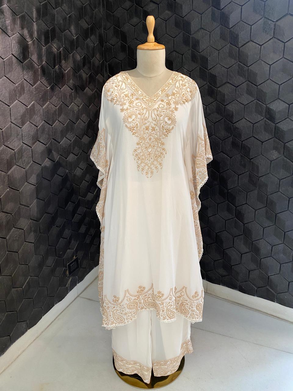 Ivory georgette chikankari kaftan kurta set