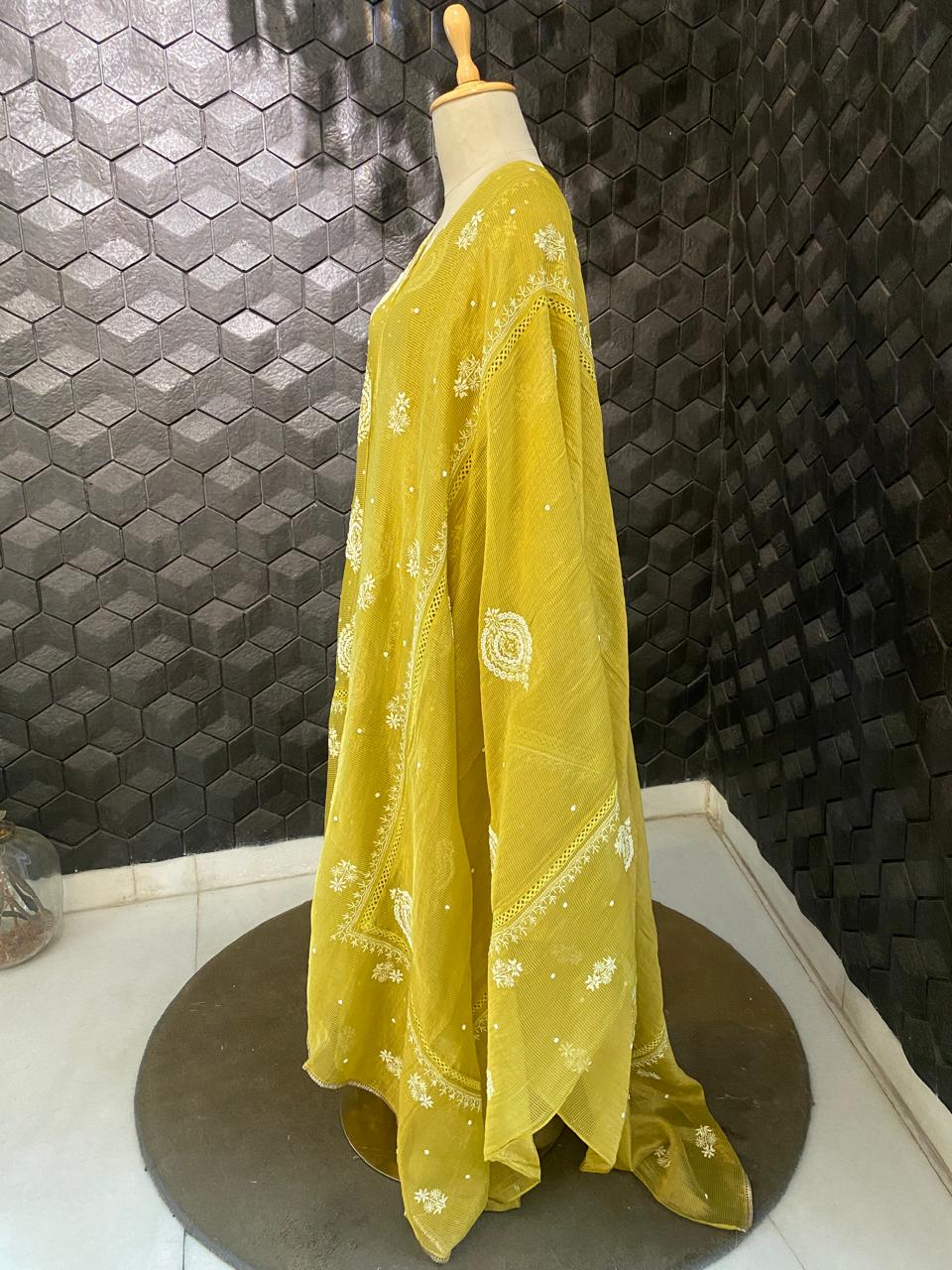 Natural Striped Tissue Chikankari Kurta Set