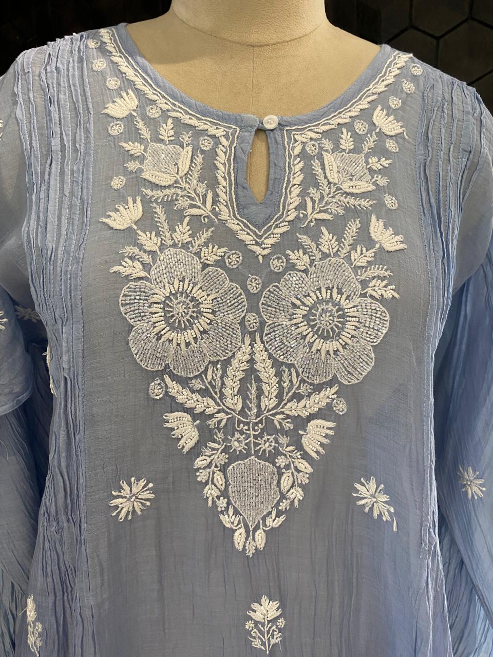 blue mul chanderi chikankari co-ord set