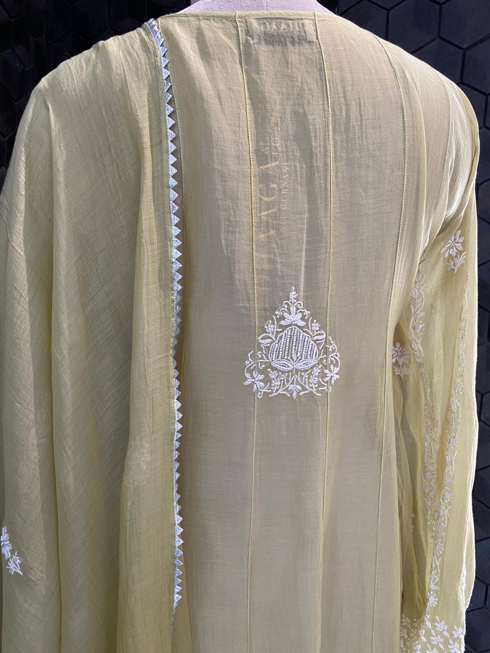 Pista Green Mul chanderi Anarkali kurta Set in