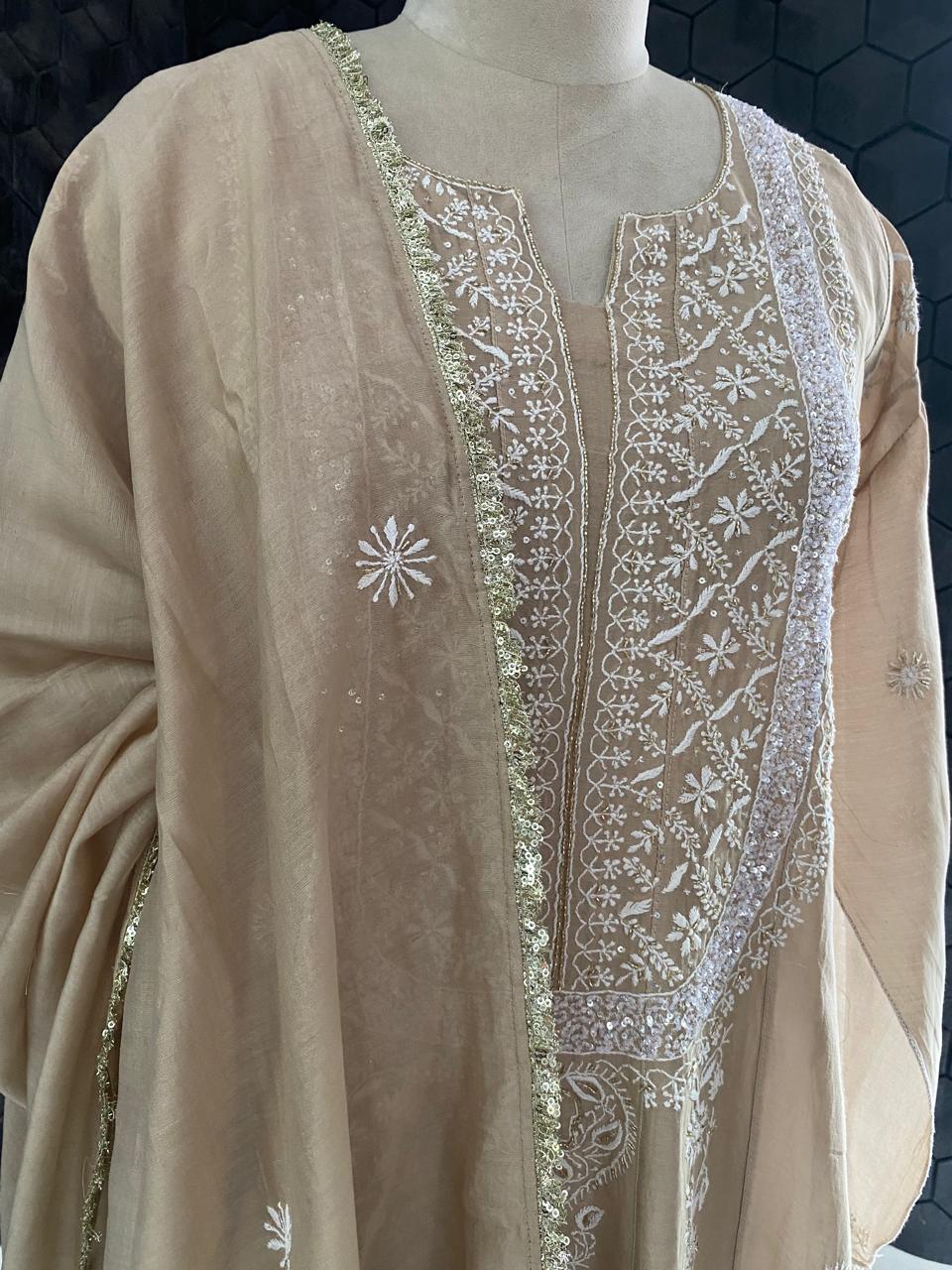Beige Chanderi Anarkali Kurta Set