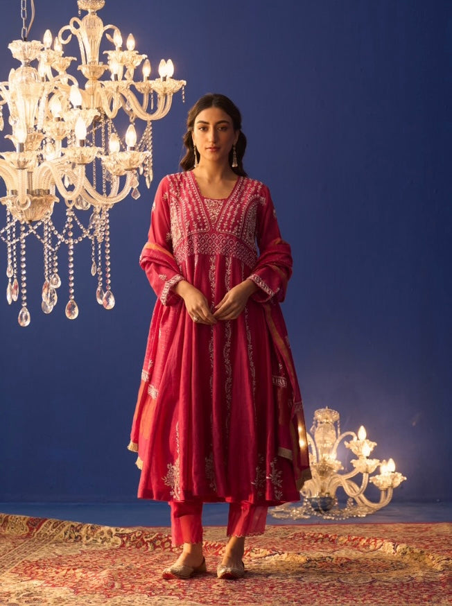 Hot Pink Chanderi Anarkali Set