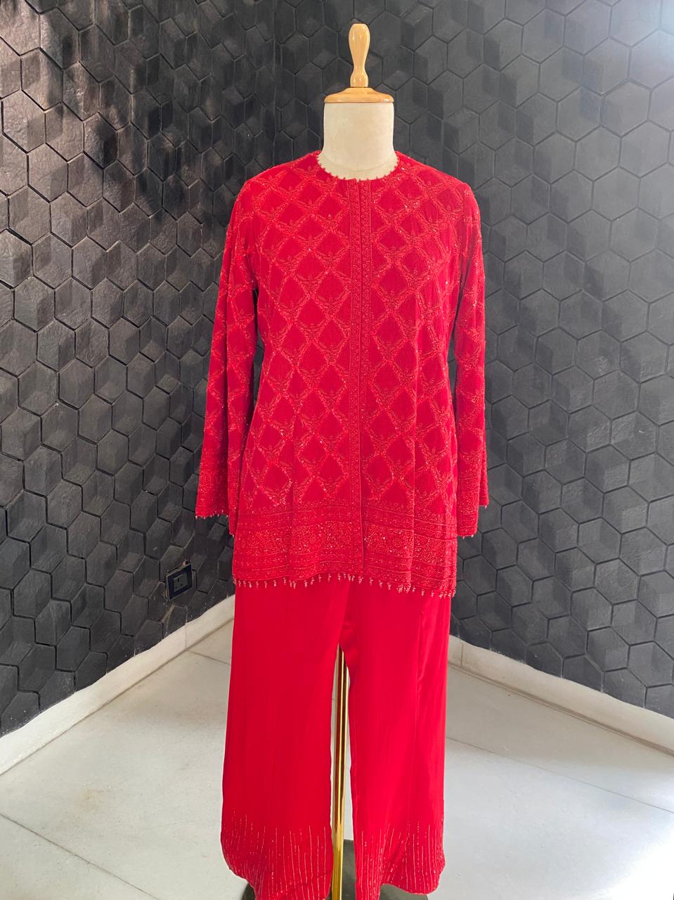 Red georgette Chikankari gilet-set