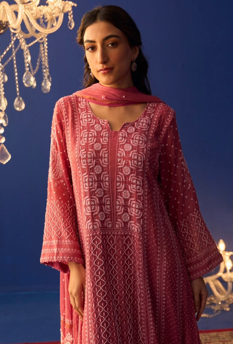 Magenta Tissue Chikankari Kalidar Kurta Set