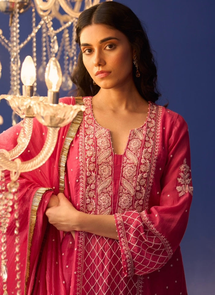 Fuschia Pink Mul Chanderi Chikankari Kurta Set