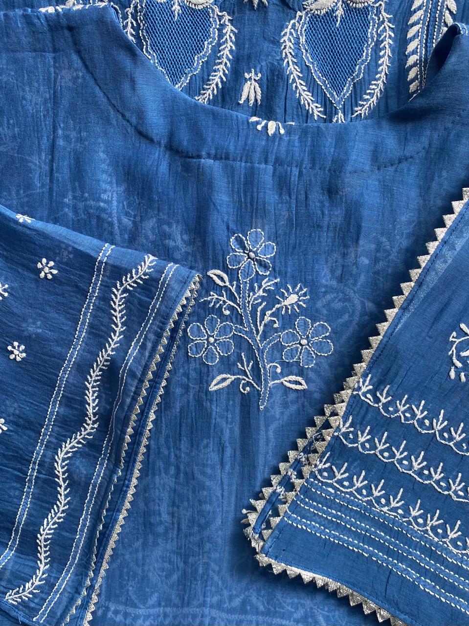 Cobalt Mul Chanderi Chikankari kurta set