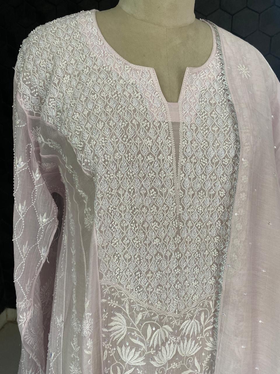 Lilac Panel Lotus Chikankari Mul Chanderi A-Line Kurta Set