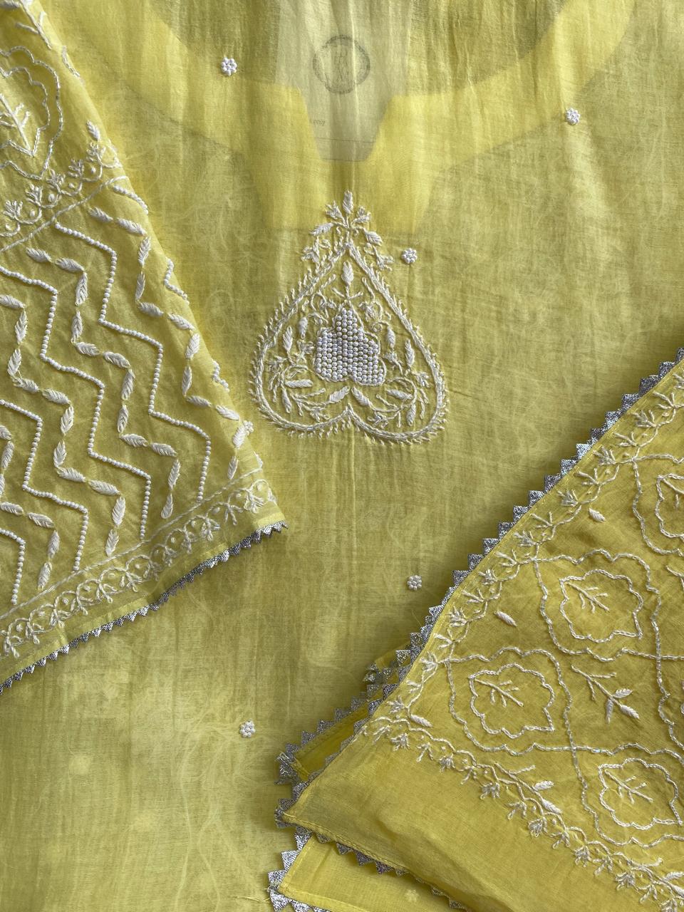 yellow mul chanderi chikankari kurta set