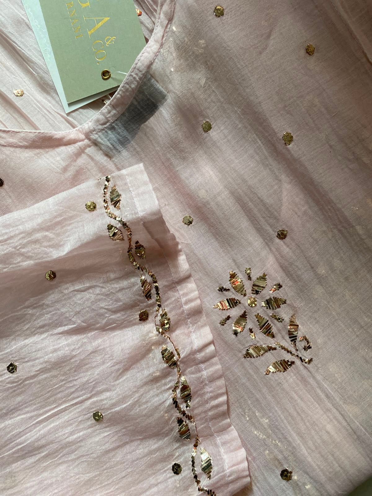 Baby Pink Mul Chanderi Mukaish kurta set