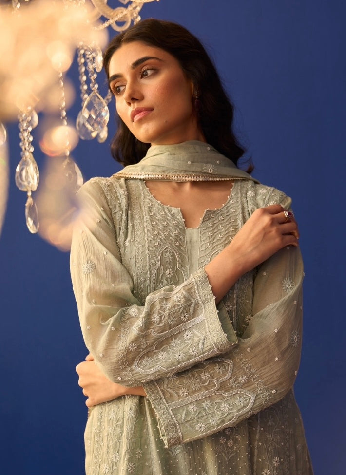 Mint Green Tissue Chikankari High Slit Anarkali Set