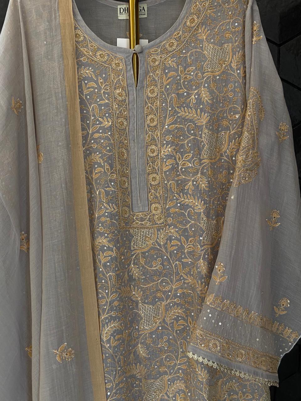 Lilac Golden Tissue Chikankari Kurta Set