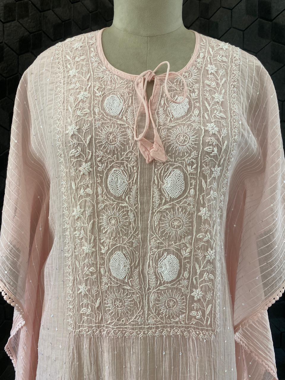 Pink Mul Chanderi Chikankari Kaftan