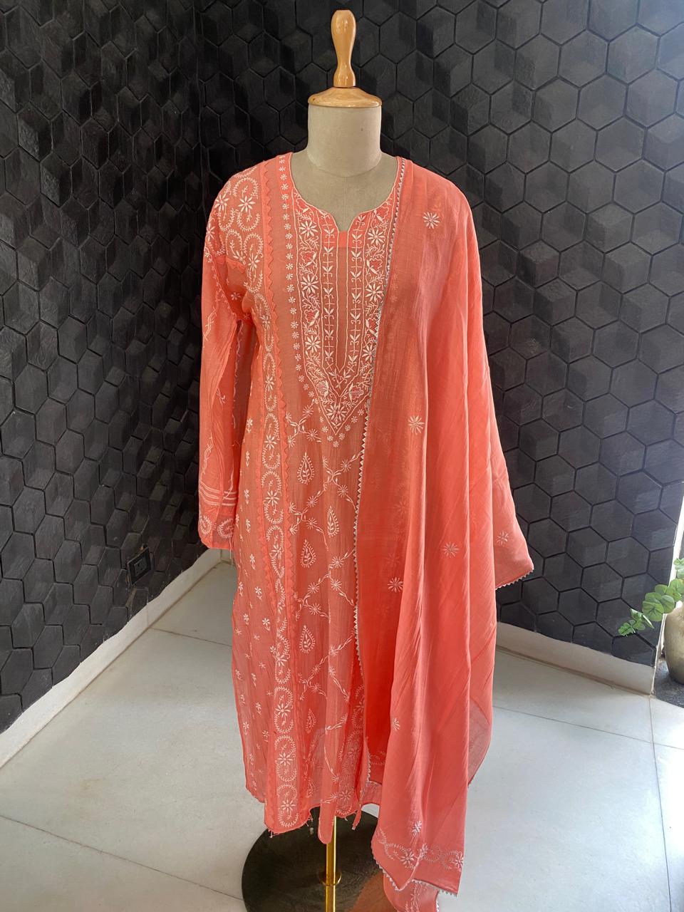 Orange Mul Chanderi Chikankari kurta set