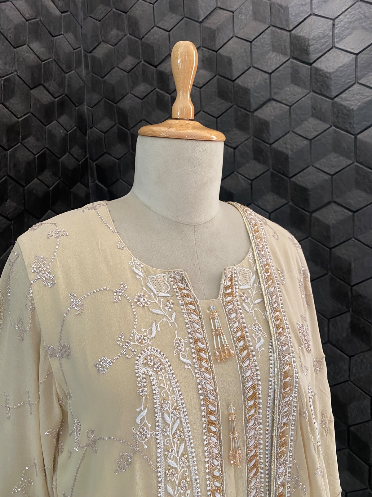 Beige Georgette Chikankari Kurta Set