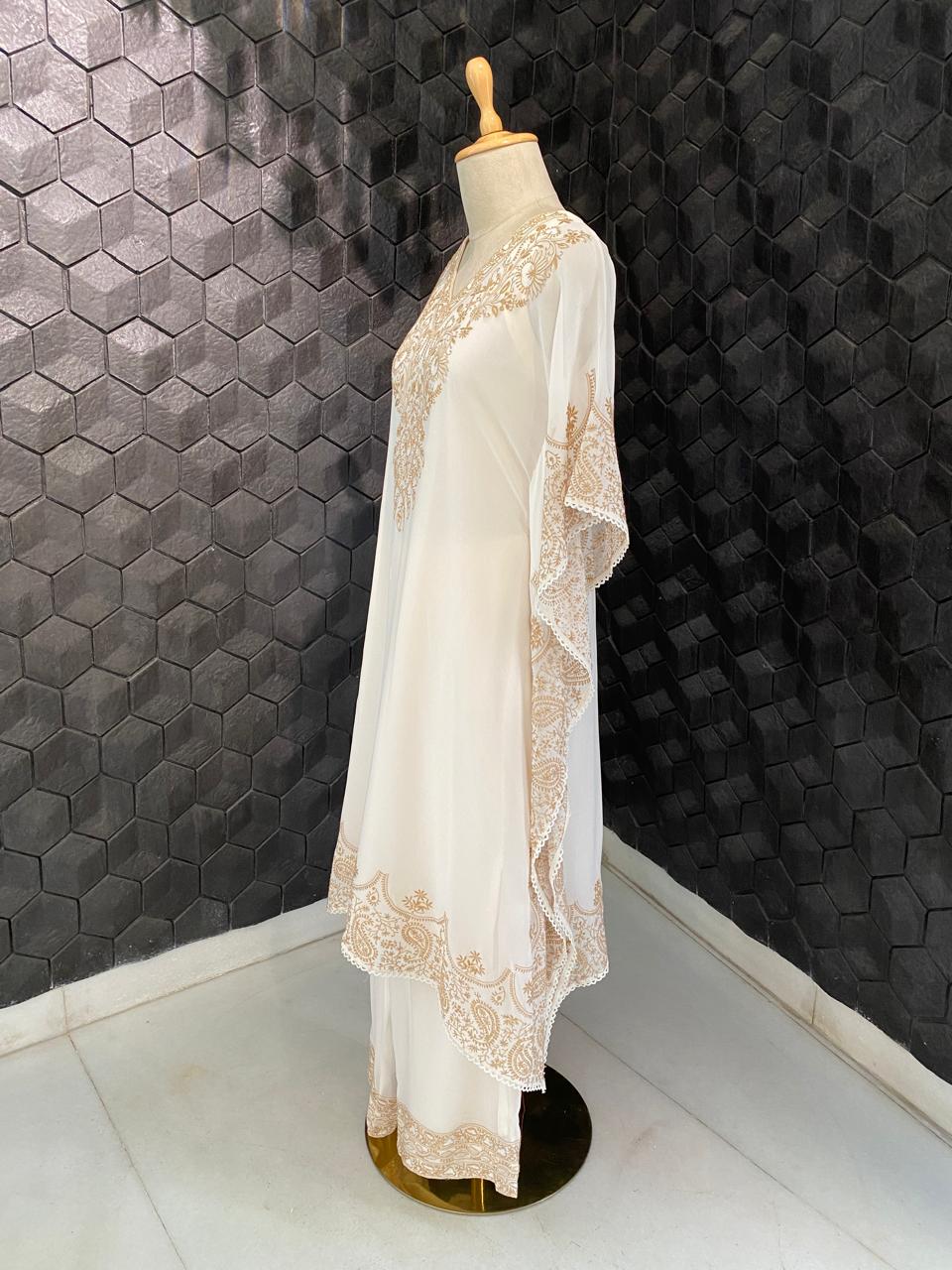 Ivory georgette chikankari kaftan kurta set