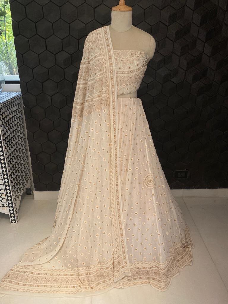 Ivory And Gold Chikankari and Zardozi Lehenga Set