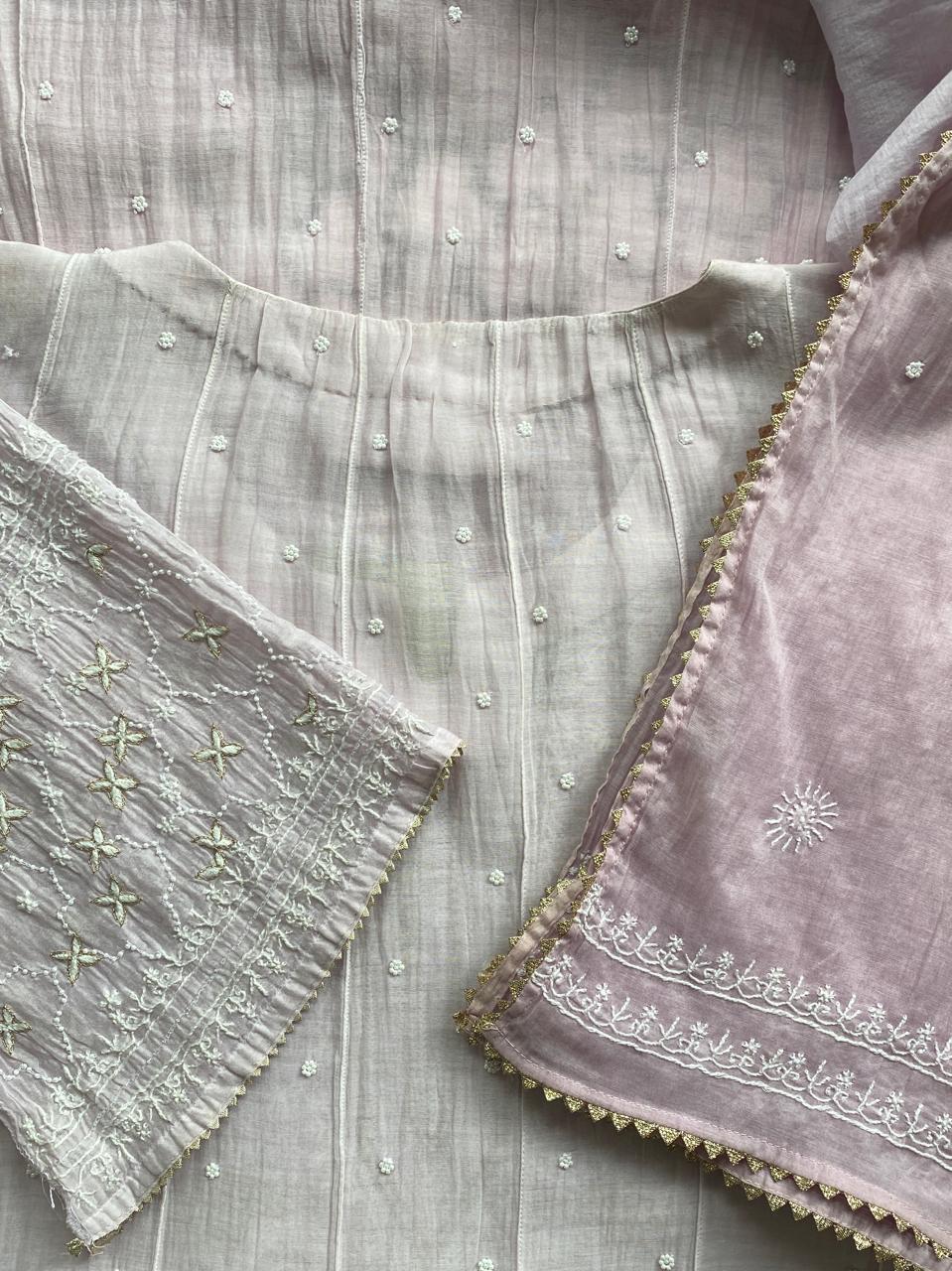 Lilac mul chanderi chikankari anarkali kurta set