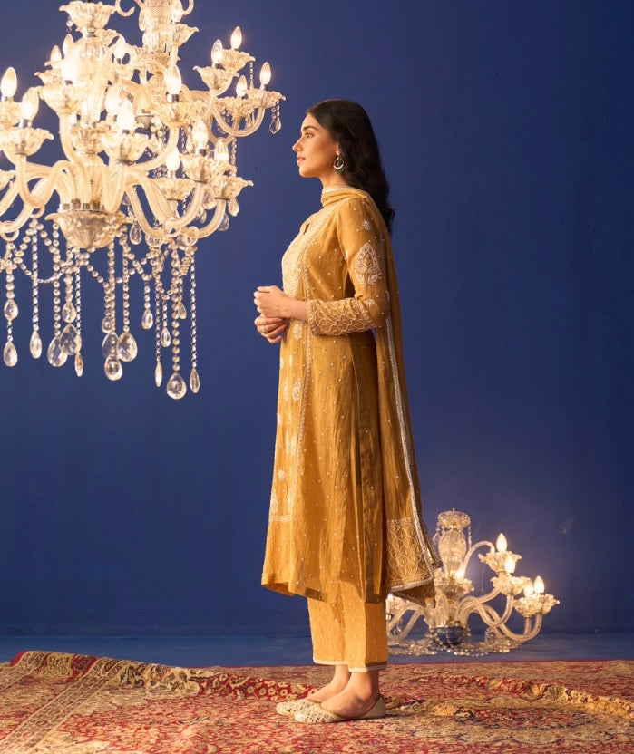 Mustard Yellow Tissue Chikankari Center Panel Kurta Set