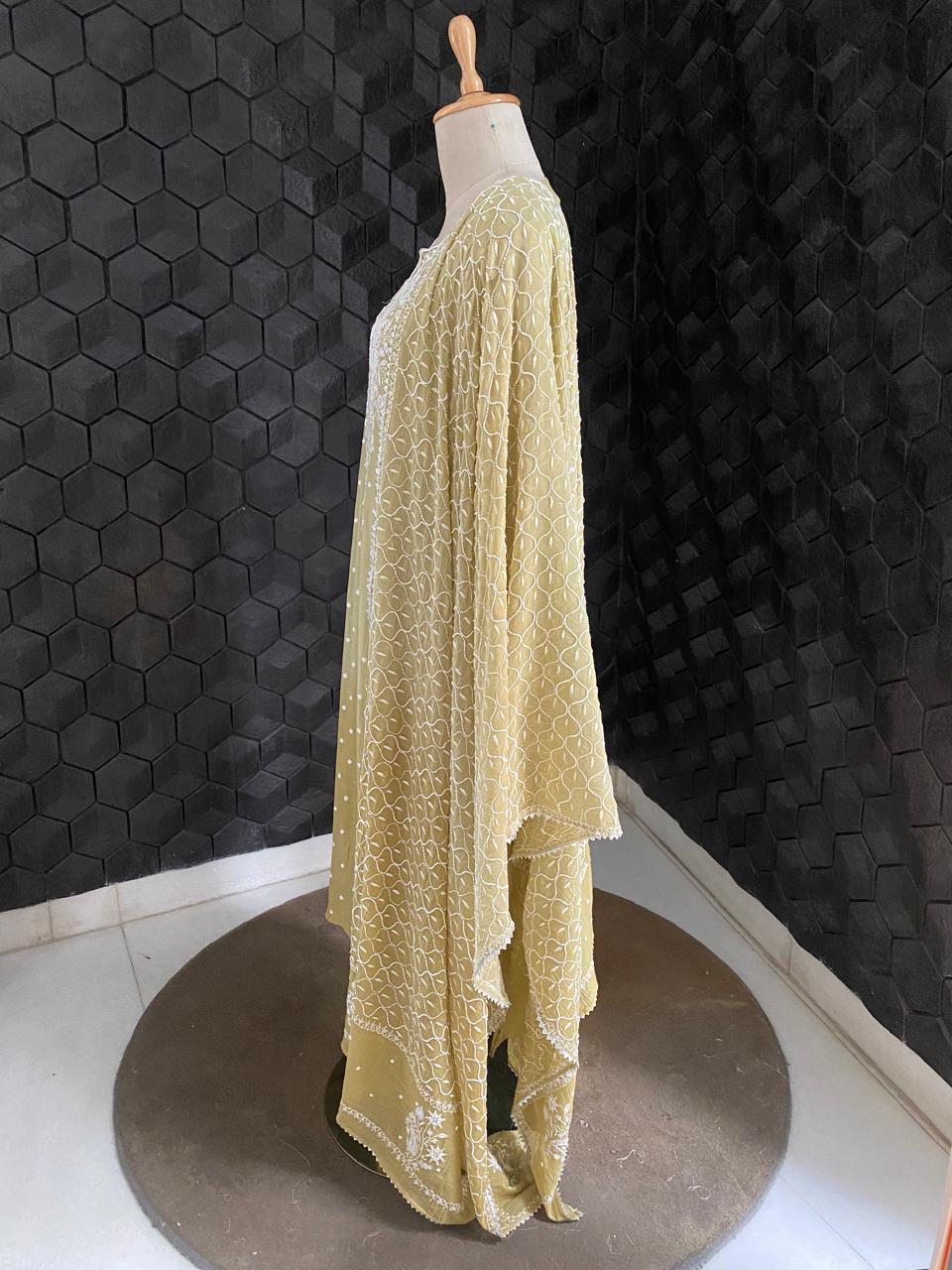 olive green ombre Mul Chanderi Chikankari Kurta Set