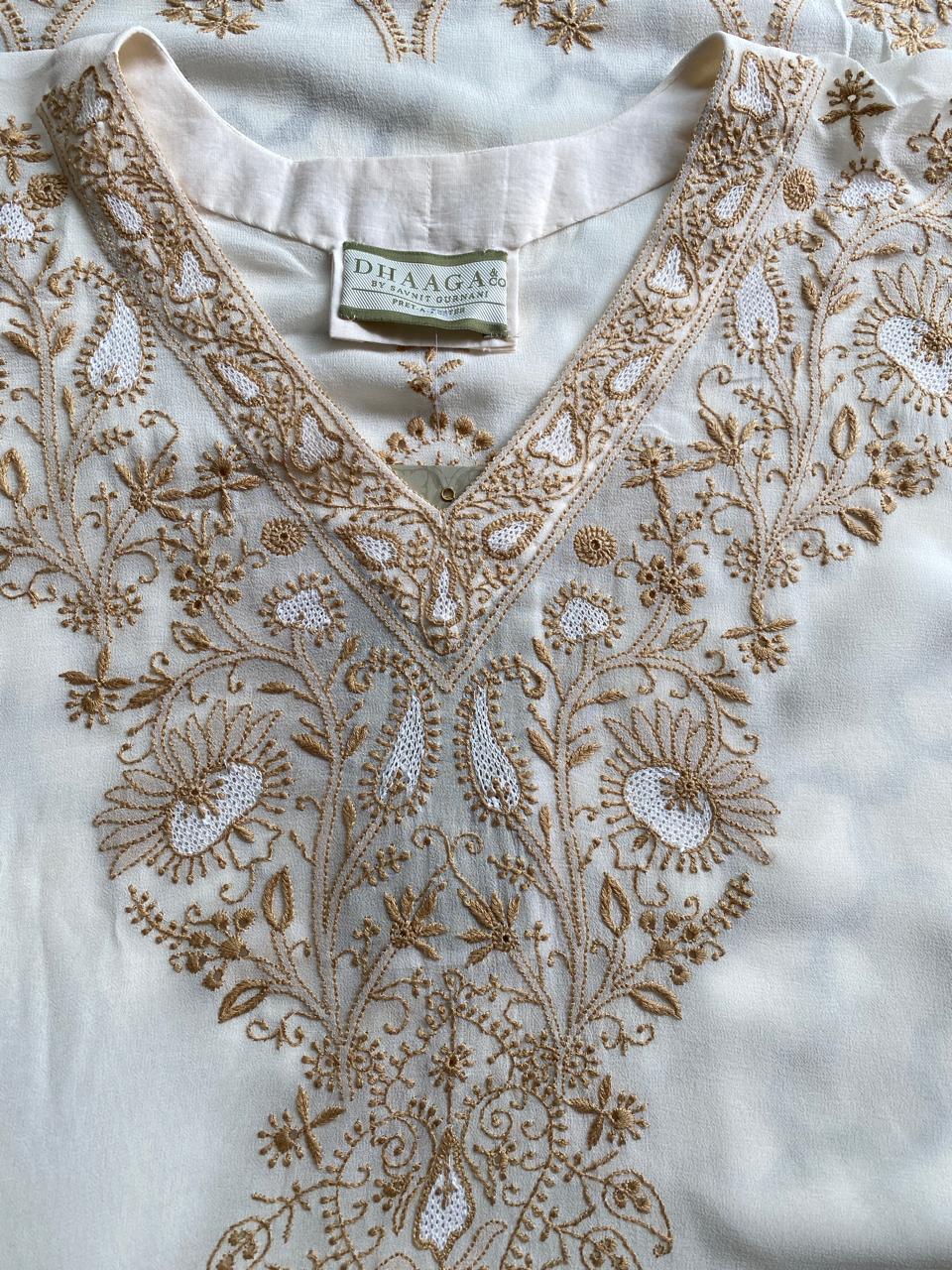 Ivory georgette chikankari kaftan kurta set