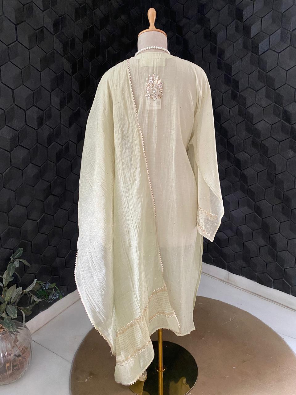 Pista Green Mul Chanderi Mukaish kurta Set