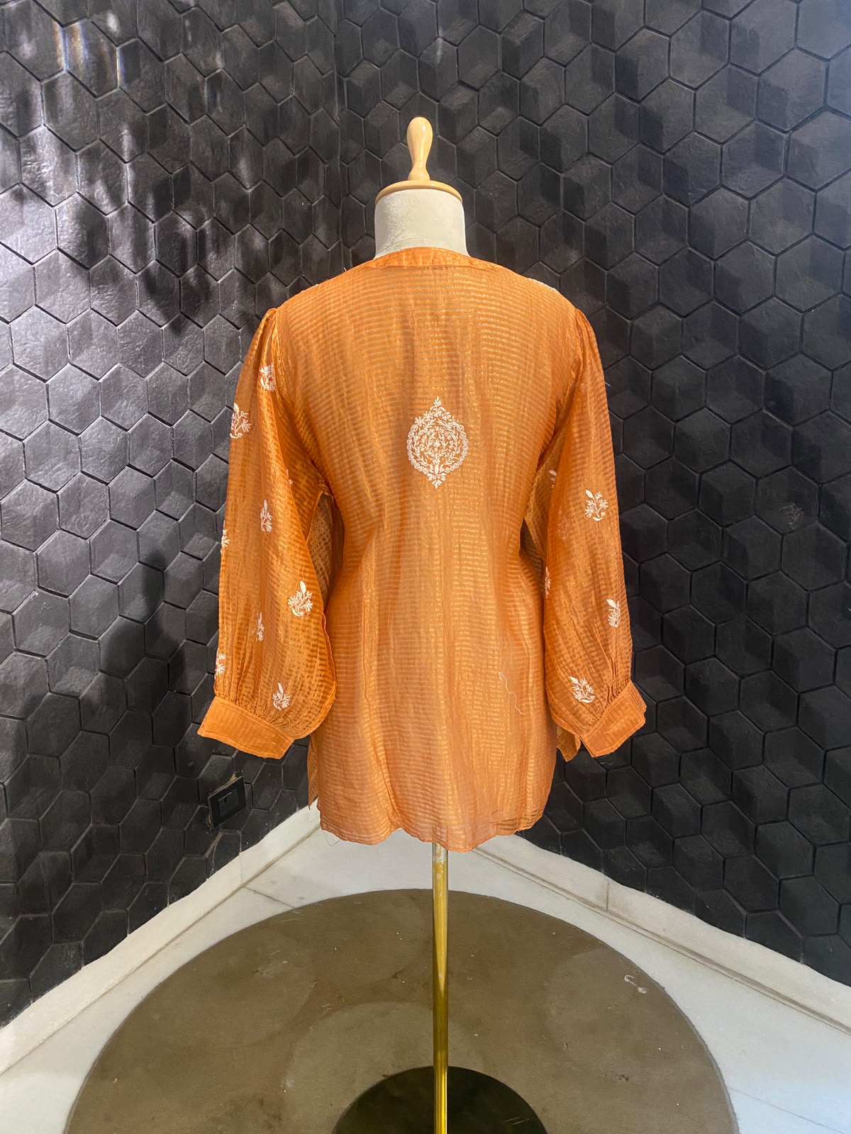 Mustard Yellow striped tissue chikankari shirt