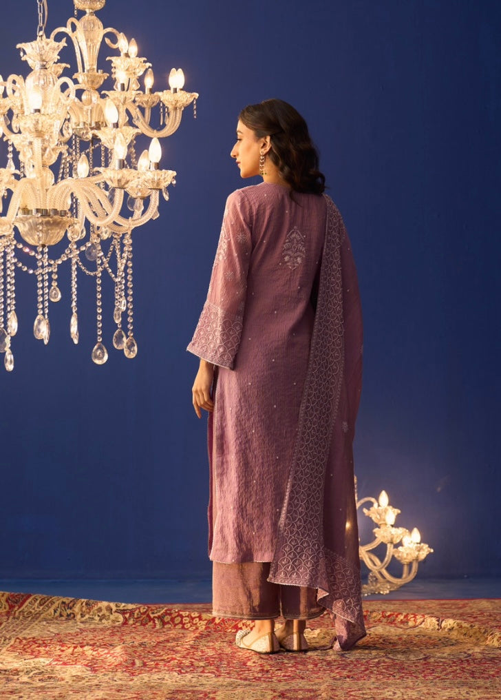 Purple Zari Striped Tissue Chikankari Kurta Set