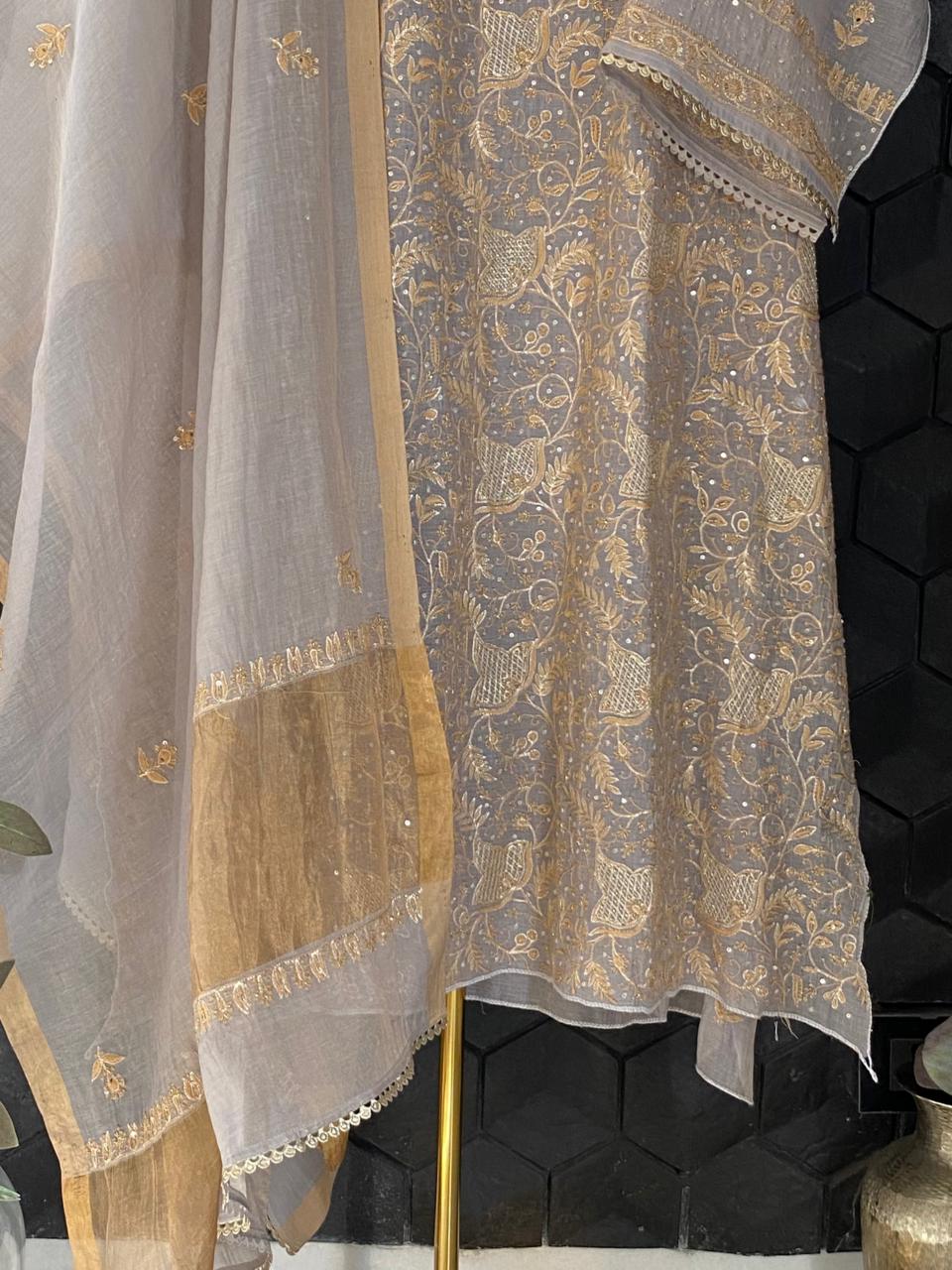 Lilac Golden Tissue Chikankari Kurta Set