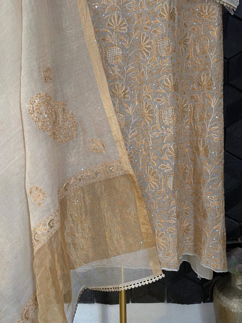 Natural Golden Tissue Chikankari Kurta Set