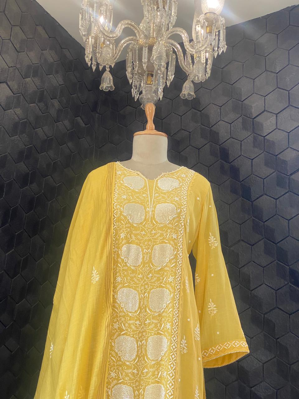 Mustard mul chanderi Chikankari Kurta Set