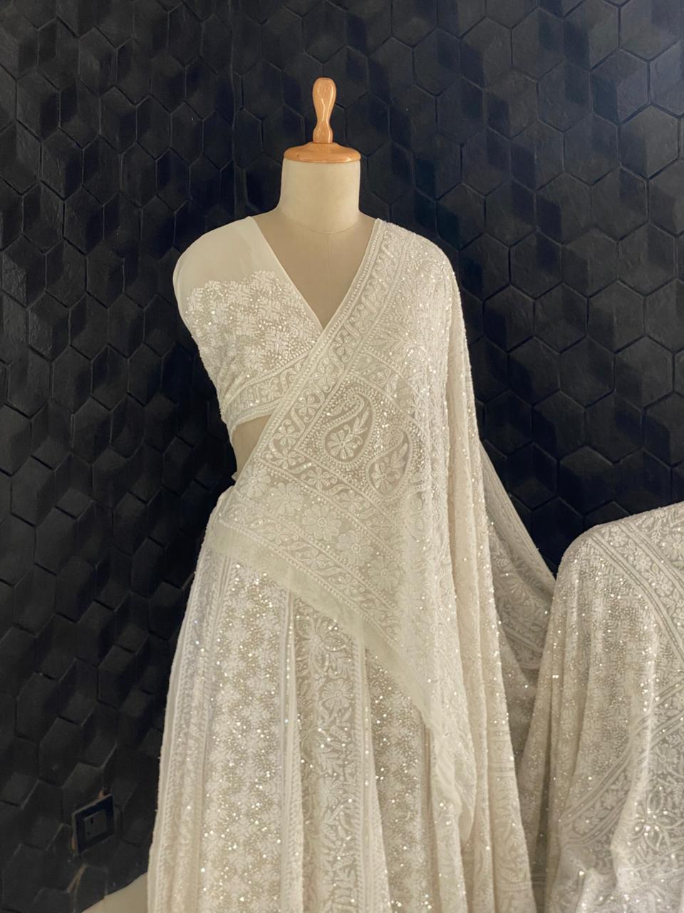 White Georgette Floral Chikankari Lehenga Set