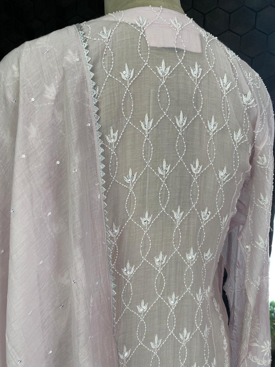 Lilac Panel Lotus Chikankari Mul Chanderi A-Line Kurta Set