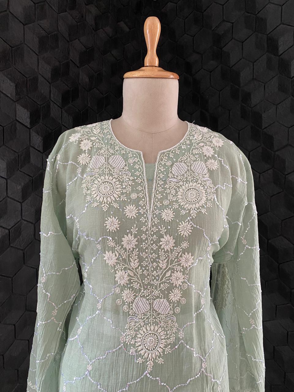 Sea Green Silver Tissue Chikankari Co-ord Set
