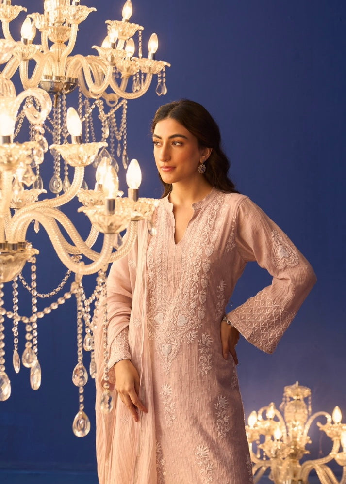 Rose Pink Tissue Chikankari Straight Kurta Set