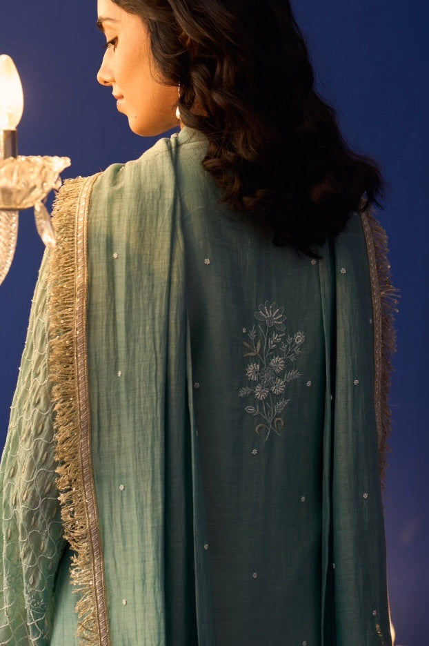 Sea Green Mul Chanderi Chikankari Kurta Set with Moroccan sleeves