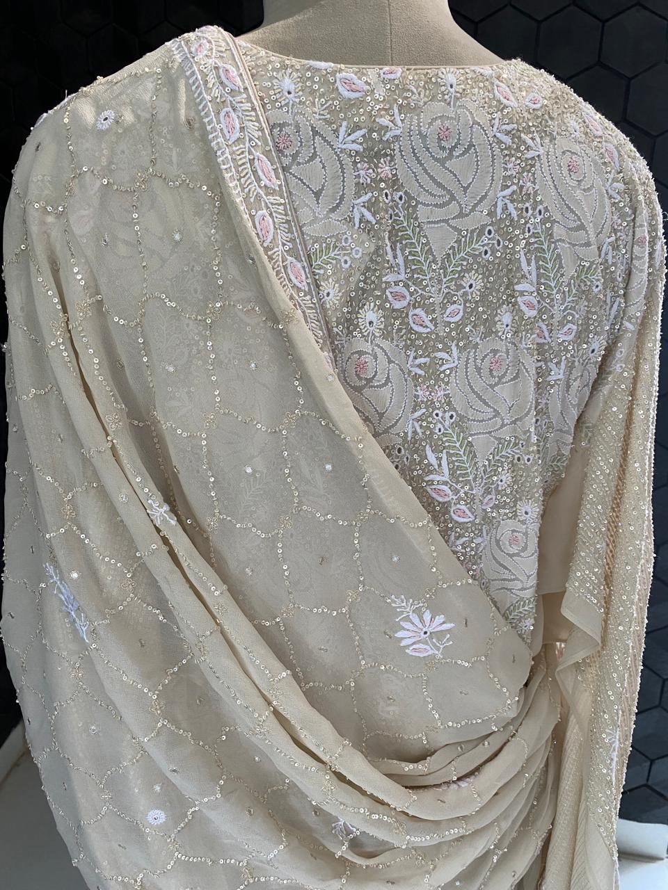 ivory georgette full jaal chikankari kurta set