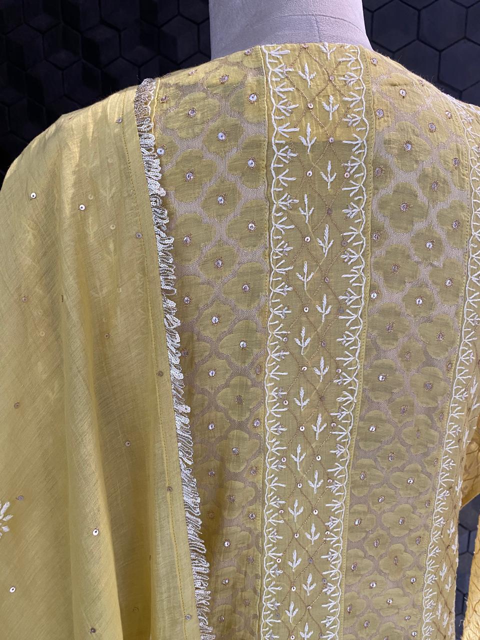 yellow mul chanderi chikankari Anarkali kurta set
