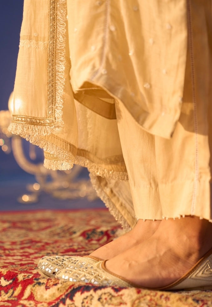 Cream Mul Chanderi Chikankari Straight Kurta Set