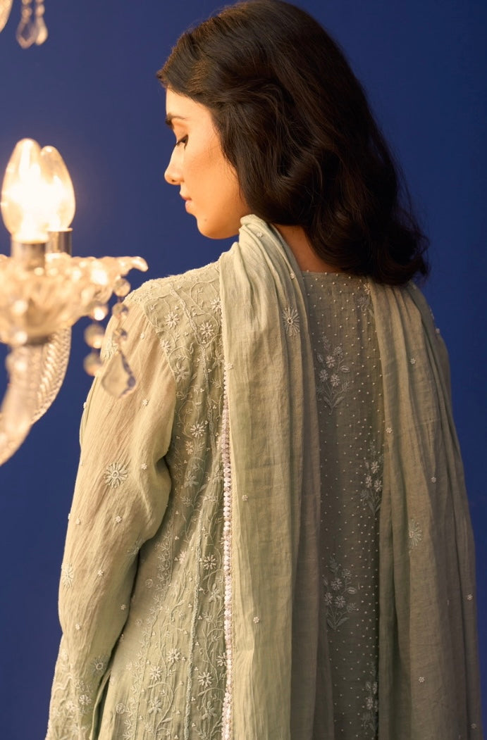 Mint Green Tissue Chikankari High Slit Anarkali Set