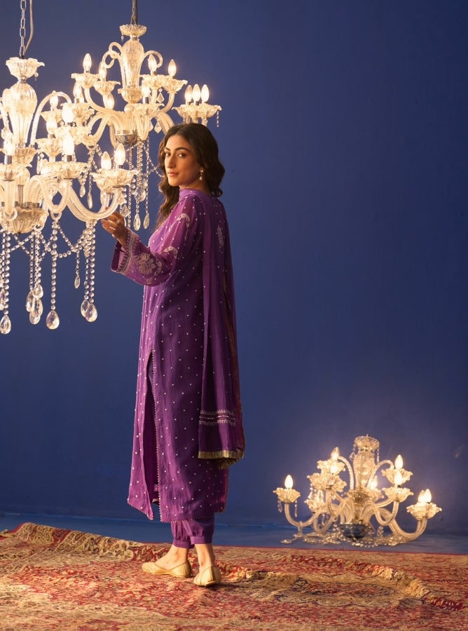 Dark Purple Mul Chanderi Chikankari Straight Kurta Set with pleated pants