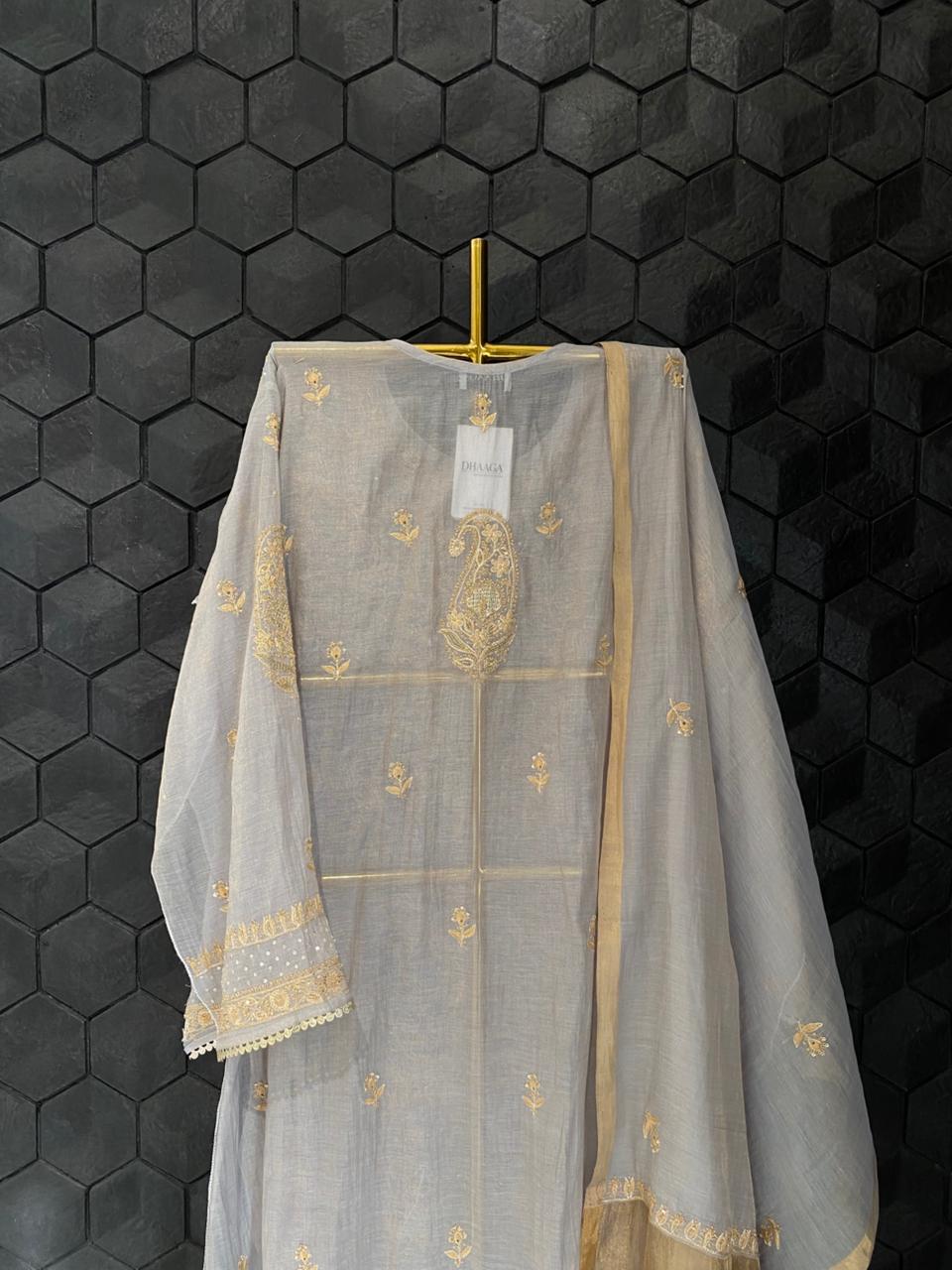 Lilac Golden Tissue Chikankari Kurta Set