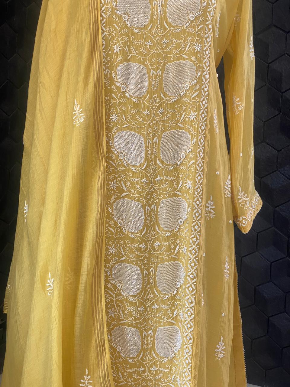 Mustard mul chanderi Chikankari Kurta Set