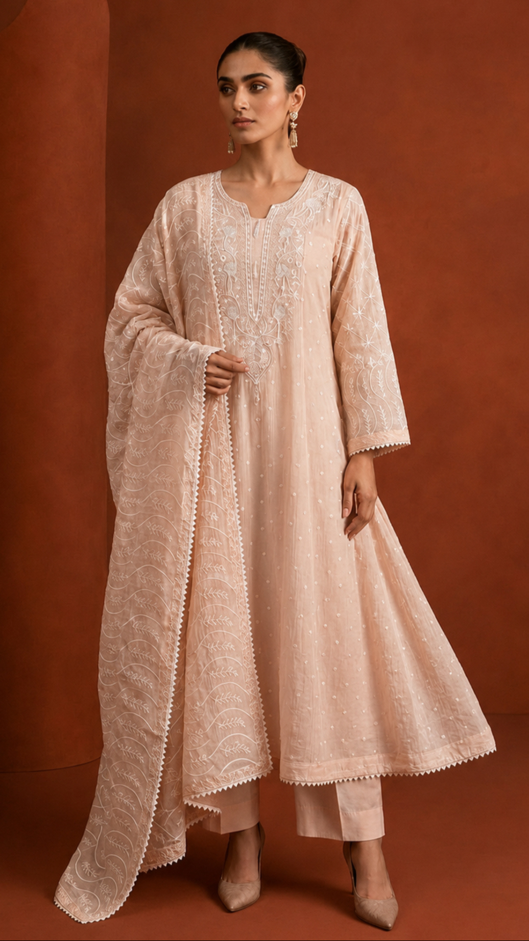 Peach Mul Chanderi Chikankari Anarkali Set