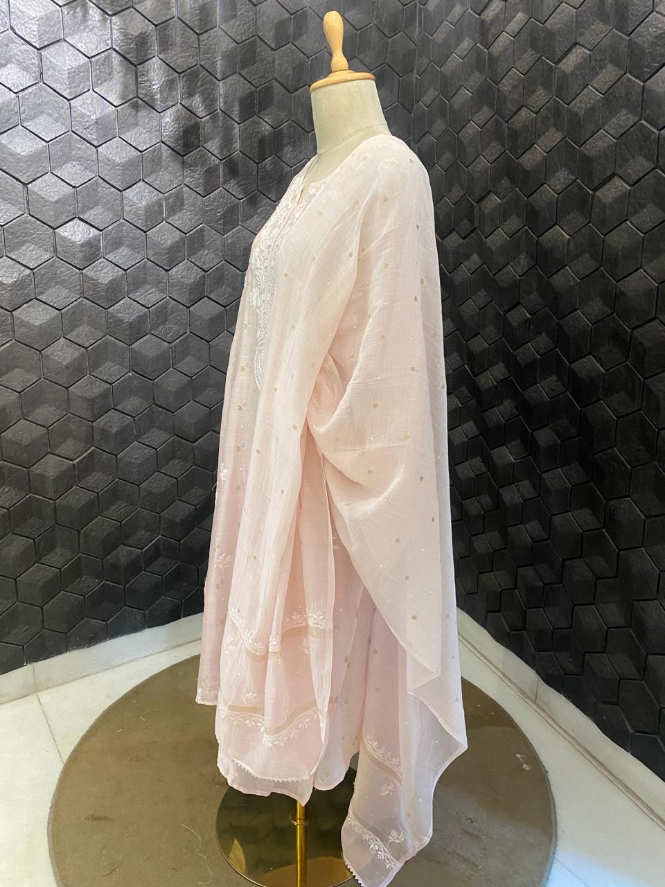 pink mul chanderi silver gold booti with chikankari kurta set