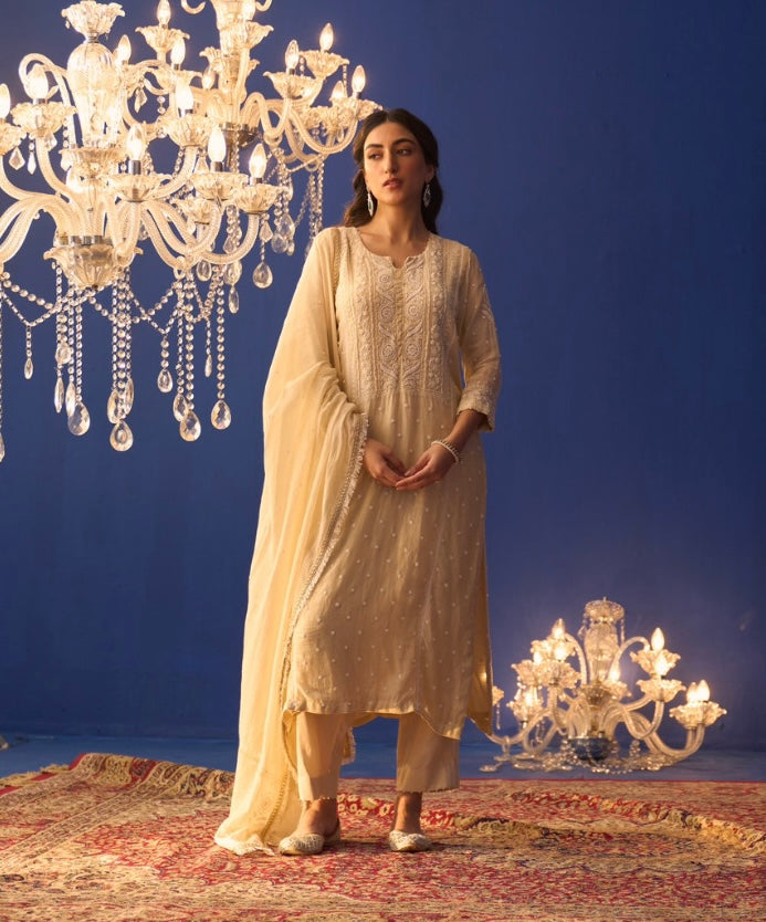 Cream Mul Chanderi Chikankari Straight Kurta Set