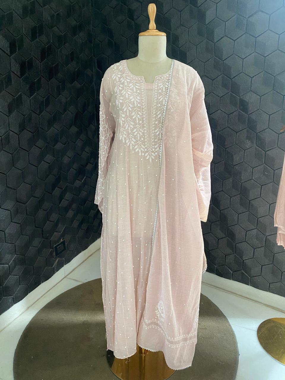 Pink silver tissue chikankari Anarkali set